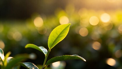 Delicate tea leaf bathed in warm golden sunlight, showcasing vibrant green freshness and a serene, natural backdrop.