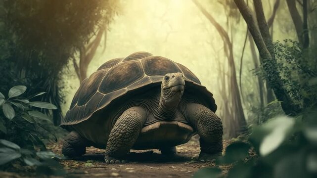 Giant tortoise walking in jungle sunlight  