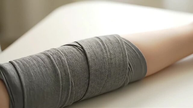 Applying a supportive compression bandage to an injured knee joint for recovery.