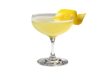 Elegant, refreshing cocktail with a lemon twist garnish against a stark black background