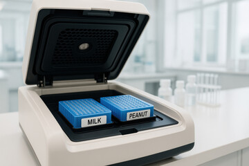 Focused laboratory equipment performing food allergen testing for milk and peanut. This scientific analysis crucial for food safety and haccp quality control compliance in modern lab