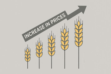 Wheat stalks show price increase and food inflation concept. An arrow pointing up symbolizes rising agriculture cost, growth in market, and economic crisis concerns