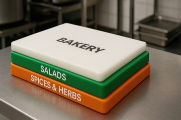 Stack of white, green, and orange color coded cutting boards for bakery, salad, and spice preparation. Professional kitchen scene showing hygienic food prep surfaces for safety