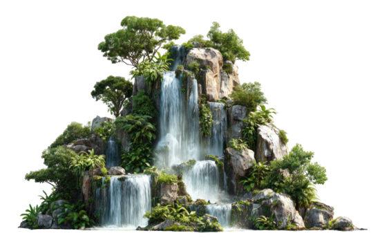 Lush waterfall cascades down a rocky terrain covered in greenery, with clear water and lush foliage