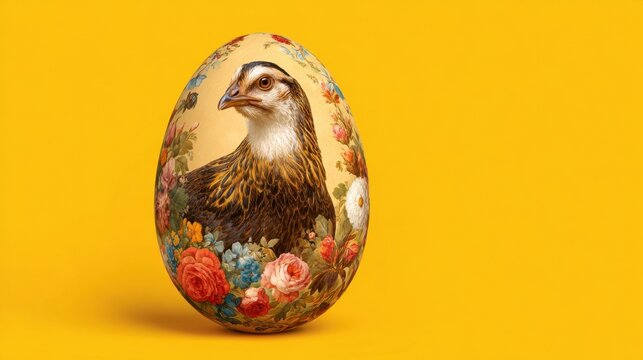 A beautifully decorated egg displays a detailed bird surrounded by vibrant flowers. This art piece showcases skillful craftsmanship and creativity against a cheerful yellow backdrop.