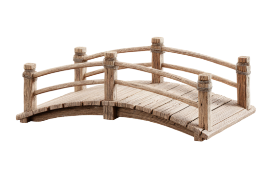 A rustic, arched wooden bridge with railings, isolated on a transparent background