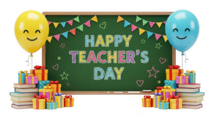 Happy teachers day celebration with balloons gifts and decorations on a chalkboard isolated on transparent background