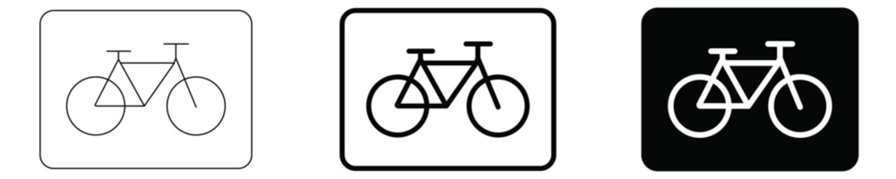 Simple set of bicycle vector icons for cycling signs or transportation interface design featuring thin line thick outline and reverse style options