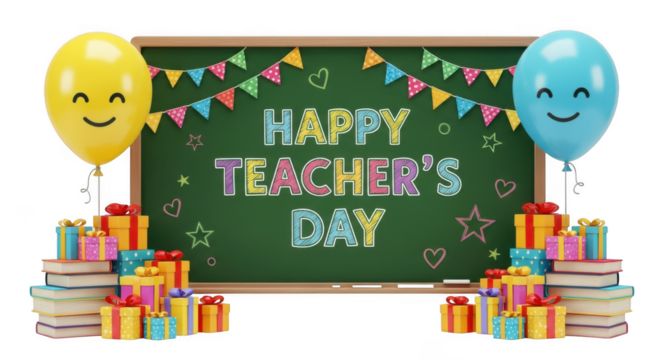 Happy teachers day celebration with balloons gifts and decorations on a chalkboard isolated on transparent background
