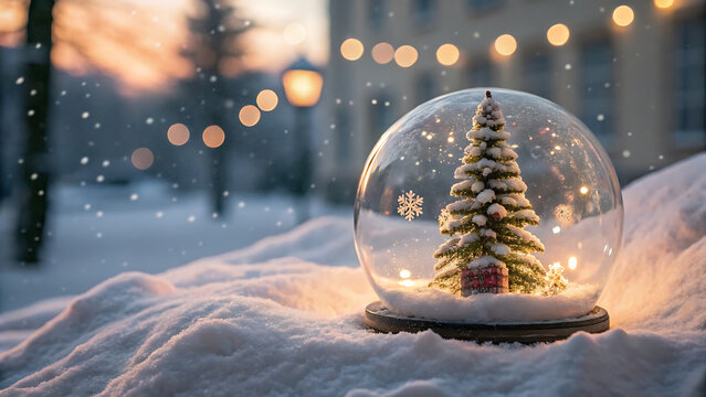 Christmas snow globe with a miniature tree inside on a snowy landscape - Powered by Adobe
