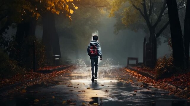 Child walking alone on autumn path