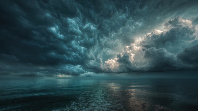 Dark storm clouds loom over the serene ocean as the sun sets, casting unique reflections on the water's surface. The atmosphere feels intense and foreboding.