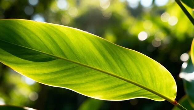 Vibrant green leaf illuminated by soft sun rays, showcasing intricate veins and serene natural bokeh background