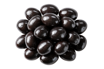 A close-up shot showcases a circular pile of shiny, dark brown, oval-shaped objects