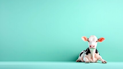 A young black and white calf rests peacefully on a smooth, pastel blue surface against a matching plain wall.