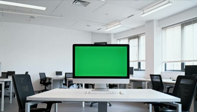 close up computer monitor green screen, empty office chroma key template, isolated digital display and video background replacement asset