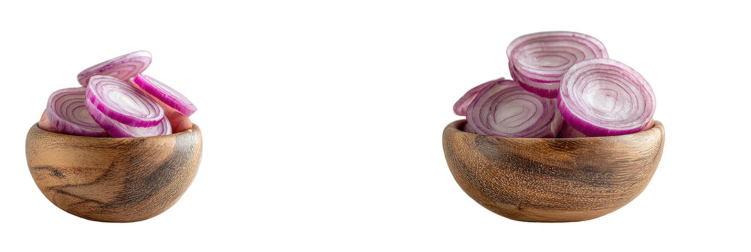 Two wooden bowls filled with sliced red onions on a black background. Close-up, well-lit
