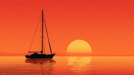 Naklejka premium A sailboat glides peacefully on still water during sunset. The sky is filled with vibrant shades of orange, reflecting the warmth of the setting sun on the horizon.