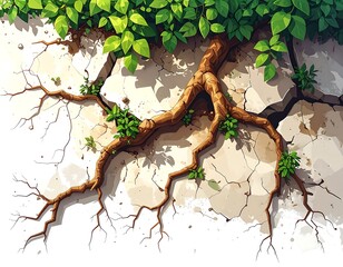 Illustration of roots growing on a cracked wall with green leaves, cartoon style