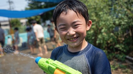 A young boy is happily engaged in a water gun fight during a summer gathering. Surrounded by friends, laughter fills the air as everyone plays in the sun.