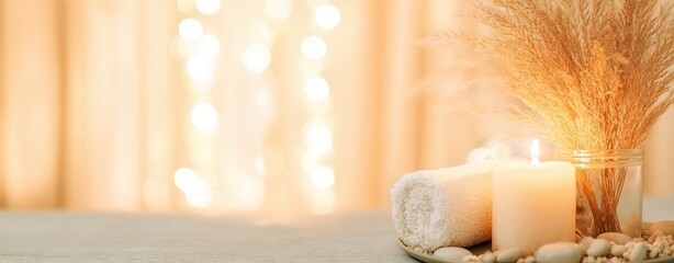Relaxing spa setting with candles and dried flowers indoor serenity soft lighting calm atmosphere