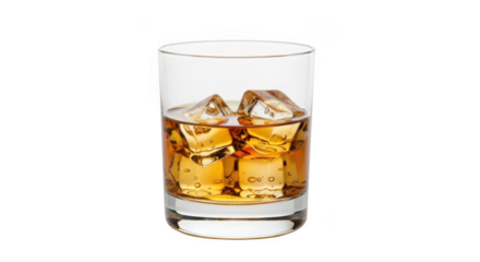 A tall glass filled with amber colored whiskey and ice cubes isolated on transparent background