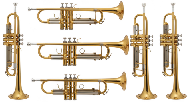 Collection of gleaming golden brass trumpets arranged artistically isolated on transparent background
