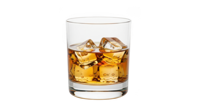 A tall glass filled with amber colored whiskey and ice cubes isolated on transparent background