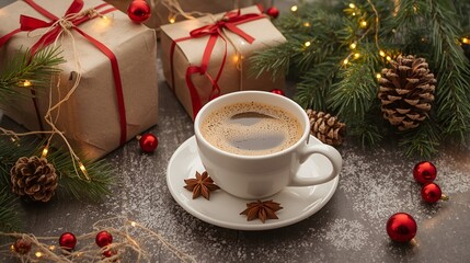 Fototapeta premium Cozy Christmas Coffee and Gifts Vector Illustration