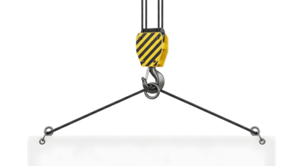 Industrial crane hook with steel cables attached, ready to lift a heavy object