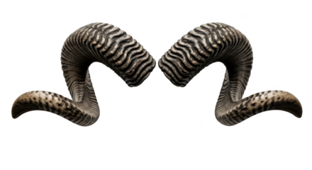 Detailed close up of majestic ram horns with intricate wavy patterns isolated on transparent background