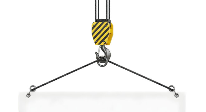 Industrial crane hook with steel cables attached, ready to lift a heavy object