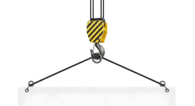Industrial crane hook with steel cables attached, ready to lift a heavy object