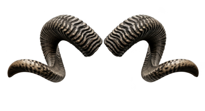 Detailed close up of majestic ram horns with intricate wavy patterns isolated on transparent background
