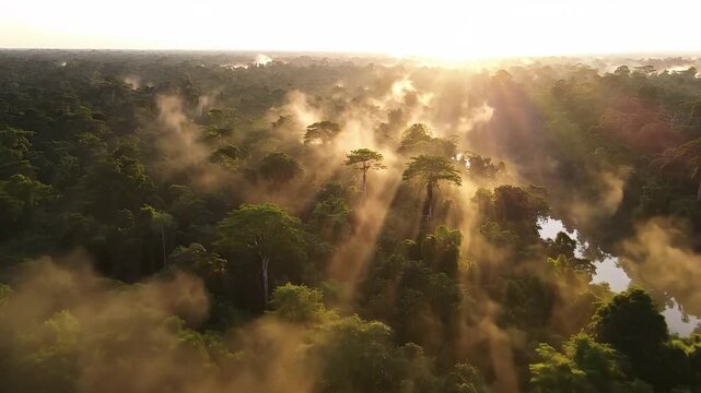 Aerial view of a dense rainforest with morning mist and sunlight shining through the canopy layer