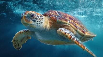 Fototapeta premium A vibrant sea turtle glides through the turquoise waters of the ocean. Sunlight filters down, illuminating its colorful shell and inviting surroundings.