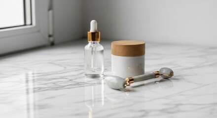 Minimalist skincare essentials with glass dropper bottle and jade roller on marble surface