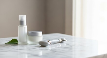 Minimalist skincare products arrangement on marble surface with natural light for beauty and
