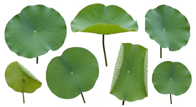 Collection of various green lotus leaves in different shapes and sizes isolated on transparent background
