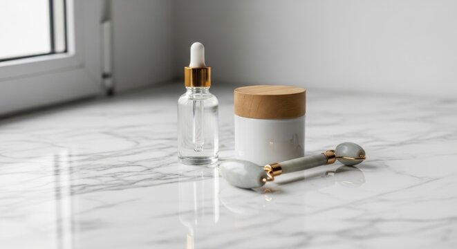 Minimalist skincare essentials with glass dropper bottle and jade roller on marble surface