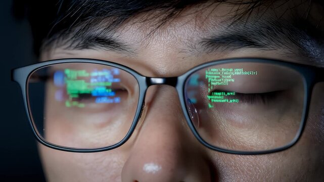 Close-Up of Man Typing Code Reflected in Eyeglasses