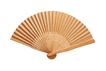 Light-colored, wooden folding fan, open and facing forward, set against a black background