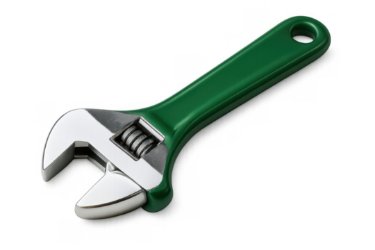 Adjustable spanner, also known as a monkey wrench, featuring a brightly colored green handle and metallic head, isolated - Powered by Adobe