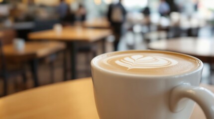 A close-up of a latte art coffee cup on a wooden table, cafe setting.