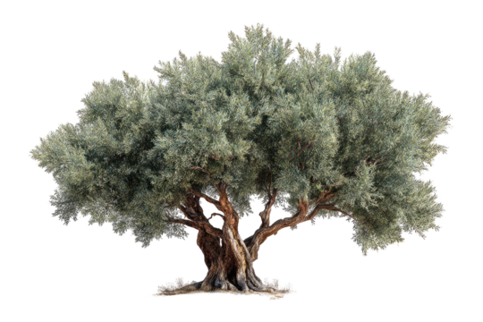 A mature, olive tree stands tall with a thick trunk and sprawling, dense, green foliage