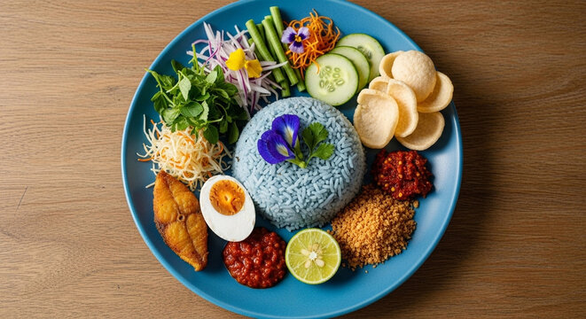 Full top-view nasi kerabu with blue rice and herbs