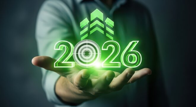 Businessman holding the year 2026 with green upward arrows symbolizing growth and success