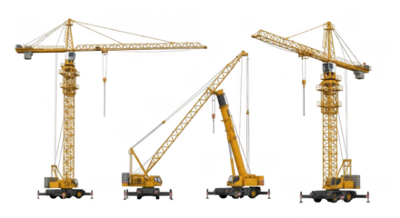 Three towering yellow construction tower cranes with distinct boom angles isolated on transparent background