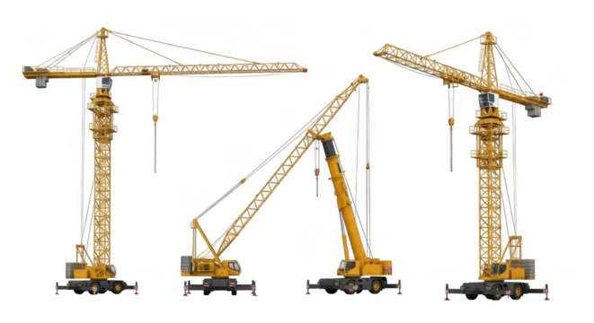 Three towering yellow construction tower cranes with distinct boom angles isolated on transparent background