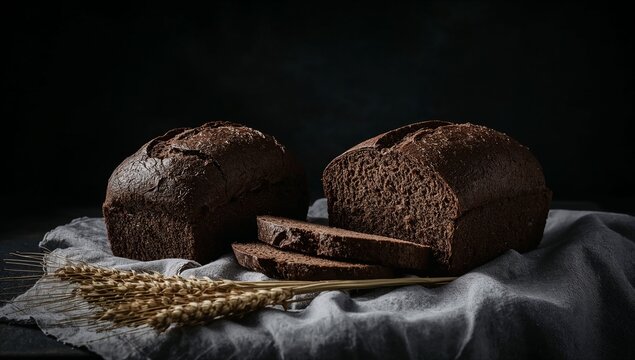 Freshly baked homemade dark rye bread loaf with slices and dried wheat stalks resting on a grey napkin against a black rustic background. - Powered by Adobe